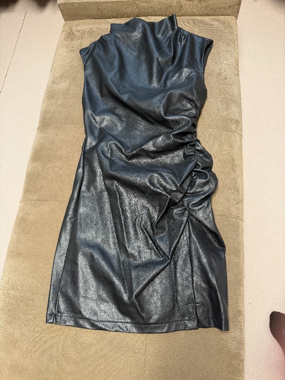 Anthropologie Black Faux Leather Draped Mini Dress - Picture 2 of 4